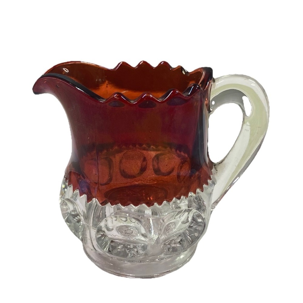 VTG Ruby Red Stained Flash Glass Creamer Pitcher Kings‎ Crown Pattern Early Amer
